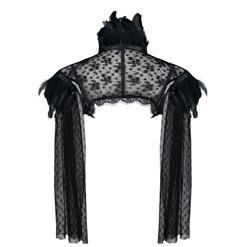 Victorian Gothic Black Feather High Neck Sheer Long Mesh Cape Corset Shrug N19597