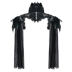 Victorian Gothic Black Feather High Neck Sheer Long Mesh Cape Corset Shrug N19597