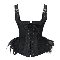 Victorian Gothic Black Feather Jacquard Wide Straps Boned Body Shaper Overbust Corset N19607