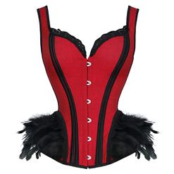 Victorian Gothic Red Feather Jacquard Wide Straps Boned Body Shaper Overbust Corset N19608