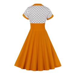 1950's Vintage Polka Dots Spliced Lapel Short Sleeve Cocktail Party A-line Swing Dress N19944