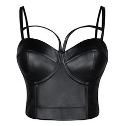 Black Strap Bustier Bra, Crop Top Vegan Leather Bustier Bra, Faux Leather Bustier Bra, Sexy Bra Top, Sexy Black Bustier #N20067