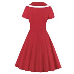 Vintage Classic Double-breasted Lapel Short Sleeve Cotton High Waist Midi Dress N20140