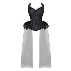 Gothic Black Feather Jacquard Buckle Shoulder Straps Plastic Bone Gauze Hem Overbust Corset N20229