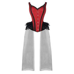 Gothic Red Feather Jacquard Buckle Shoulder Straps Plastic Bone Gauze Hem Overbust Corset N20230