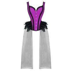 Gothic Purple Feather Jacquard Elastic Wide Straps Plastic Bone Gauze Hem Overbust Corset N20231