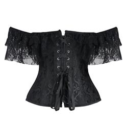 Victorian Gothic Black Jacquard Off Shoulder Floral Lace Plastic Bone Overbust Corset N20249