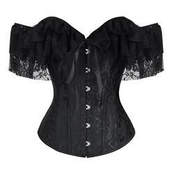 Victorian Gothic Black Jacquard Off Shoulder Floral Lace Plastic Bone Overbust Corset N20249