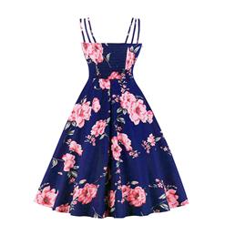 Sexy Floral Print Spaghetti Straps Sleeveless Backless High Waist Summer Party Swing Dress N20279