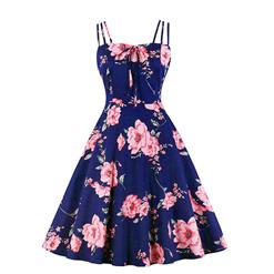 Sexy Floral Print Spaghetti Straps Sleeveless Backless High Waist Summer Party Swing Dress N20279