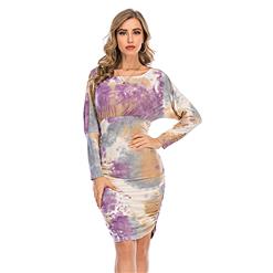Sexy Multicolor Tie-dye Print Scoop Collar Long Sleeve Folds Package Hip Mini Dress N20636