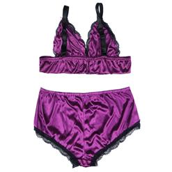 Sexy Purple Satin Spaghetti Strap Lace Trim Bra Top and Panty Lingerie Set N20661