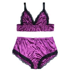 Sexy Purple Satin Spaghetti Strap Lace Trim Bra Top and Panty Lingerie Set N20661