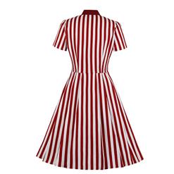 Vintage Vertical Striped Butterfly Collar Short Sleeve High Waist Button Midi Dress N20762