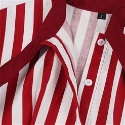Vintage Vertical Striped Butterfly Collar Short Sleeve High Waist Button Midi Dress N20762
