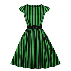 Retro Black And Green Stripes Round Neck Cap Sleeve Belted Cocktail Party A-line Dress N20783