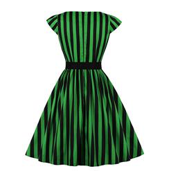 Retro Black And Green Stripes Round Neck Cap Sleeve Belted Cocktail Party A-line Dress N20783