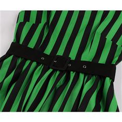 Retro Black And Green Stripes Round Neck Cap Sleeve Belted Cocktail Party A-line Dress N20783