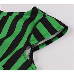 Retro Black And Green Stripes Round Neck Cap Sleeve Belted Cocktail Party A-line Dress N20783