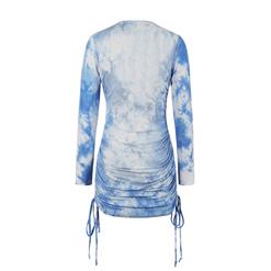 Sexy Tie-dye Print Round Neck Long Sleeve Drawstring Folds Package Hip Mini Dress N20789