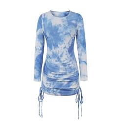 Sexy Dress for Women,Elegant Party Dress,Round Neck Mini Dress,Sexy Mini Dresses for Women Cocktail Party,Long Sleeves High Waist Package Hip Dress,Light-blue Tie-dye Package Hip Mini Dress, #N20789