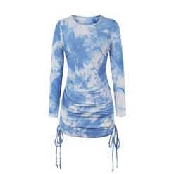 Sexy Tie-dye Print Round Neck Long Sleeve Drawstring Folds Package Hip Mini Dress N20789