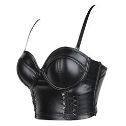 Sexy Black PU Spaghetti Straps B Cup Bustier Bra Plastic Bone Corset Clubwear Crop Top N20800