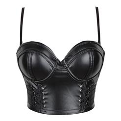 Sexy Pure Black PU Leather Bra Top, B Cup Bustier Bra, B Cup Bustier Bra for Women, Sexy Black PU Clubwear Bra Crop Top, Rock Star Leather Crop Top, B Cup Bustier Bra for Women, #N20797