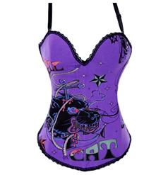 Graffiti Printed Corset, Hell Cat Graffiti Print Corset Purple, Hell Cat Graffiti Print Corset, #N2081