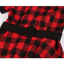 Retro Red and Black Plaid Pattern Lapel Short Sleeves High Waist Swing Dress With Belt N20926