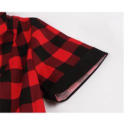 Retro Red and Black Plaid Pattern Lapel Short Sleeves High Waist Swing Dress With Belt N20926