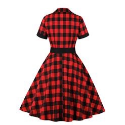 Retro Red and Black Plaid Pattern Lapel Short Sleeves High Waist Swing Dress With Belt N20926