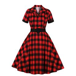 Red and Black Plaid Pattern Dress, Vintage Dresses for Women, Sexy Dresses for Women Cocktail Party, Vintage High Waist Dress, Short Sleeves Swing Daily Dress, Vintage Plaid Printed Swing Dress, #N20926