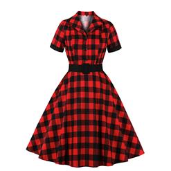 Retro Red and Black Plaid Pattern Lapel Short Sleeves High Waist Swing Dress With Belt N20926