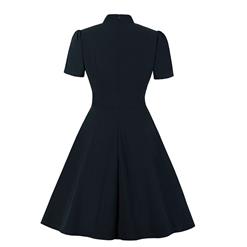 Vintage Solid Color Stand Collar Short Sleeve High Waist A-line Midi Dress N20962