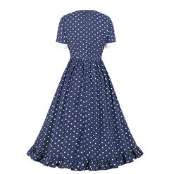 Vintage Polka Dots Print Stand-up Collar Short Sleeve High Waist A-line Swing Ruffle Dress N20980