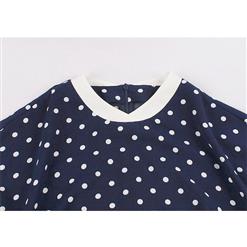 Vintage Polka Dots Print Stand-up Collar Short Sleeve High Waist A-line Swing Ruffle Dress N20980