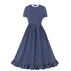 Vintage Polka Dots Print Stand-up Collar Short Sleeve High Waist A-line Swing Ruffle Dress N20980