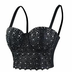 Sexy Black Lace Rhinestone Spaghetti Straps Bustier Corset Crop Top N21025