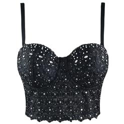 Sexy Black Lace Rhinestone Spaghetti Straps Bustier Corset Crop Top N21025