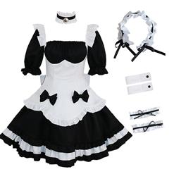 7pcs French Maid Square Collar Half Sleeve Top And Mini Dress Cosplay Halloween Costume N21186