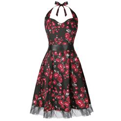 Vintage Sweetheart Neckline Halter Backless Printed Casual Swing Midi Dress N21358