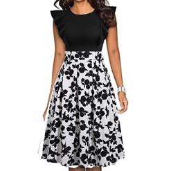 Vintage Black and White Patchwork Floral Print Round Neck Flying Sleeves High Waist Midi Dress N21376