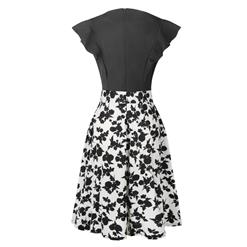 Vintage Black and White Patchwork Floral Print Round Neck Flying Sleeves High Waist Midi Dress N21376