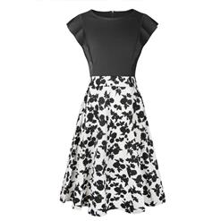 Vintage Black and White Patchwork Floral Print Round Neck Flying Sleeves High Waist Midi Dress N21376