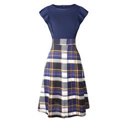 Vintage Plaid Patchwork Round Neck Flying Sleeves High Waist Cocktail Party Midi Dress N21378