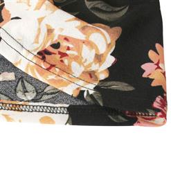 Vintage Black Floral Print Patchwork Round Neck Flying Sleeves High Waist Cocktail Midi Dress N21382