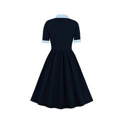 Vintage Tie Collar Front Button Short Sleeve High Waist Cocktail Party Midi Dress N21603