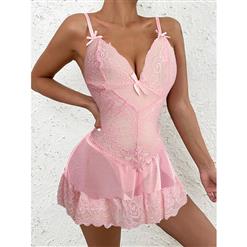 Sexy See-through Mesh Deep V Spaghetti Straps Soft Floral Lace Nightgown Babydoll Chemise N21608