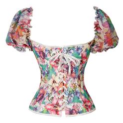 Retro Floral Print 12 Plastic Boned Ruffled Puff Sleeves Sexy Body Shaper Overbust Corset N21770